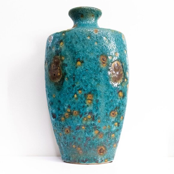 Napa Volcanic Turquoise 14" Vase / Textured Pottery MCM Decor Peacock Glaze Art - Picture 1 of 6